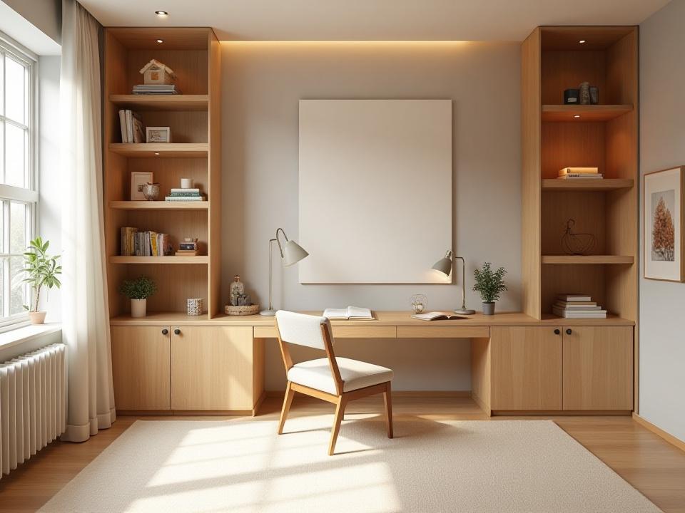 Elegant hjemmekontor med trebord, designerlampe og naturlig lys, inspirert av nordisk minimalisme.