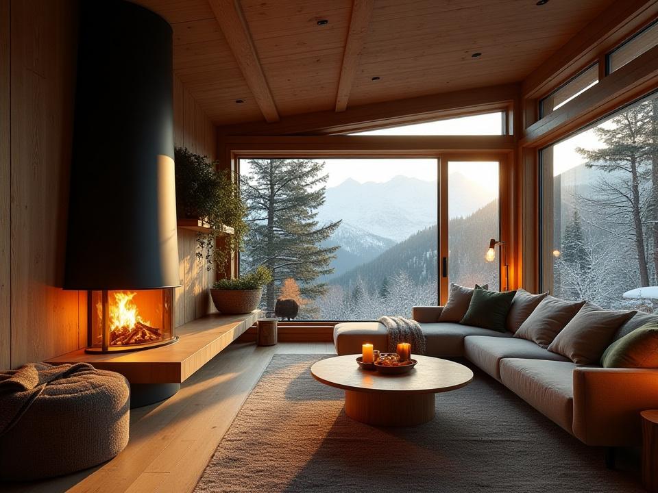 Koselig hytteinteriør på fjellet med peis, ulltepper og utsikt over snødekte topper.